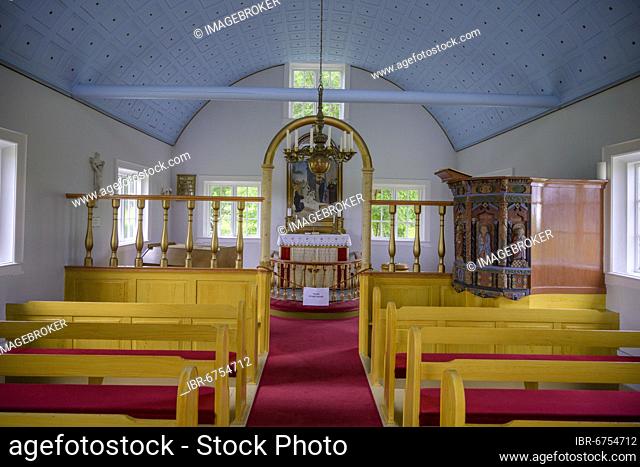 Church interior view looking towards the altar and pulpit, Laufás Museum Yard, Grýtubakki, Norðurland eystra, Iceland, Europe