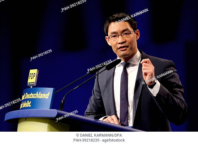 Federal chairman of the FDP party Philipp Roesler speaks at the extraordinary party meeting of the FDP in Nuremberg, Germany, 04 May 2013