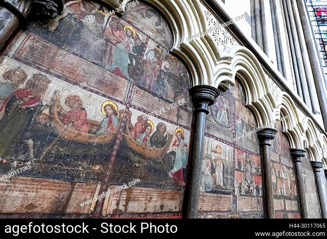 England, London, Westminster Abbey, Entrance to The Chapter House, The Medieval Wall Paintings depicting Scenes of The Revelation to St John the Divine