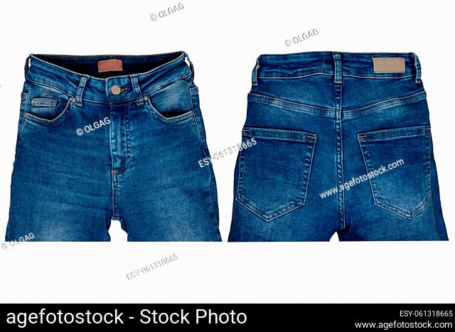 Trendy stylish blue denim pants or trousers isolated on a white background. Womans summer and autumn fashion. Collage set front and back view