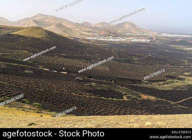 Landschaft mit Trockenfeldbau von Wein bei La Geria, Insel Lanzarote, Kanarische Inseln, Spanien | Landscape with dryland wine farming near La Geria Lanzarote