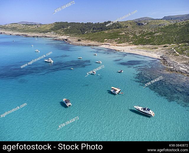 pleasure boats at anchor , protected natural area, capdepera, Mallorca, Balearic Islands, Spain