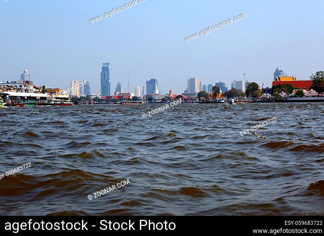 View of Bangkok from a boat on the river, Thailand