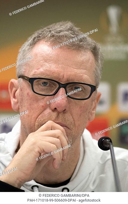 Cologne manager Peter Stoöger attends a press conference in Minsk, Belarus, 18 OCtober 2017. Cologne face Bate Borisov in a Europa League group stage match in...