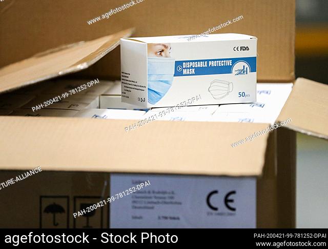 21 April 2020, Saxony, Leipzig: A box of protective masks from China. The procurement of protective equipment poses great challenges for the Free State of...