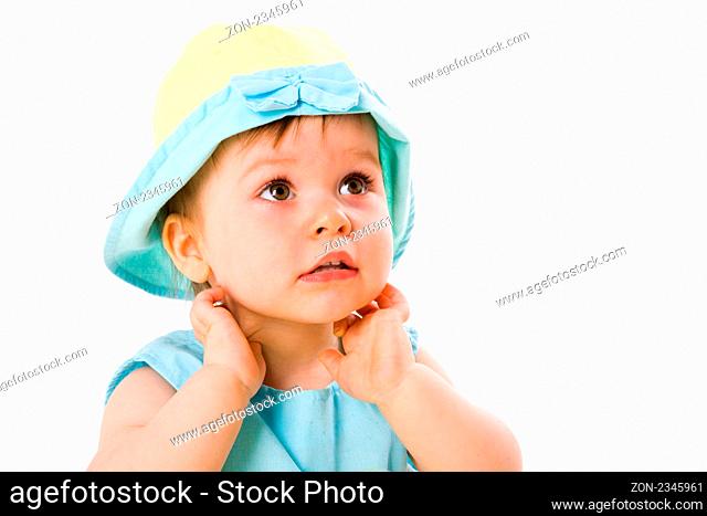 Baby Girl one year old wearing panama isolated on white