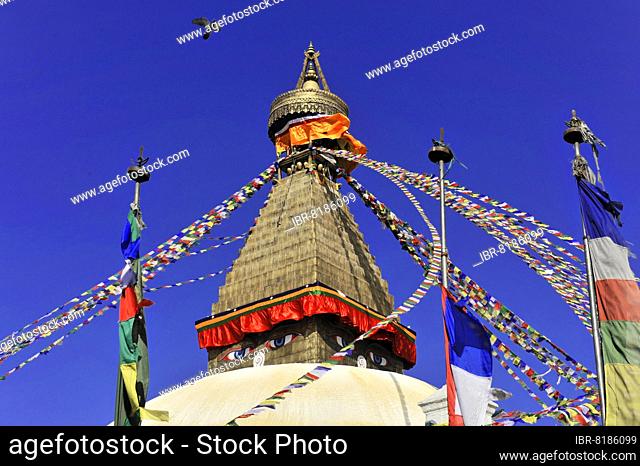 Bodnath or Boudhanath or Boudha Stupa, UNESCO World Heritage Site, painted eyes, colourful prayer flags, Tibetan Buddhism, Kathmandu, Nepal, Asia