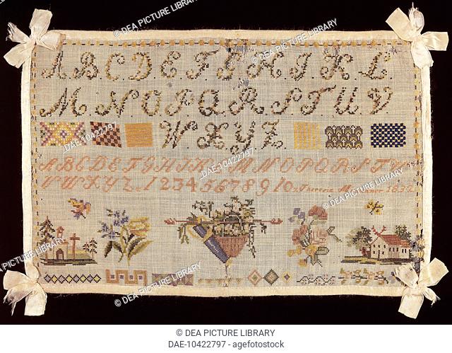 Embroidery, Austria 19th century. Beginner's work, embroidered in silk cross-stitch on linen, 1832.  Celle, Stickmuster Museum