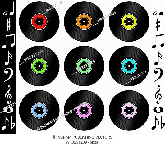 A collection of records with different colour labels with musical notes