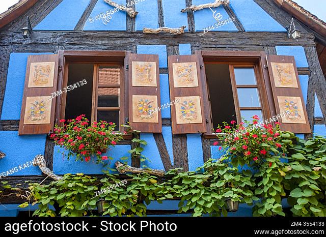 Detail of an old half-timbered house with geraniums in flower boxes in the medieval town of Riquewihr, Alsace in eastern France