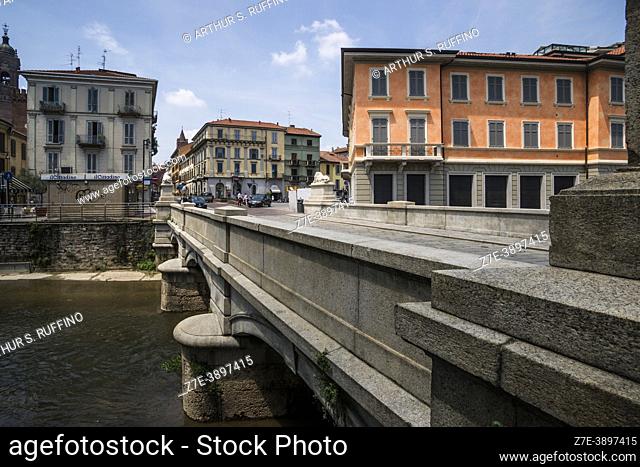 Lions Bridge and Roman Bridge of Arena over Lambro River. Monza, Lombardy, Italy