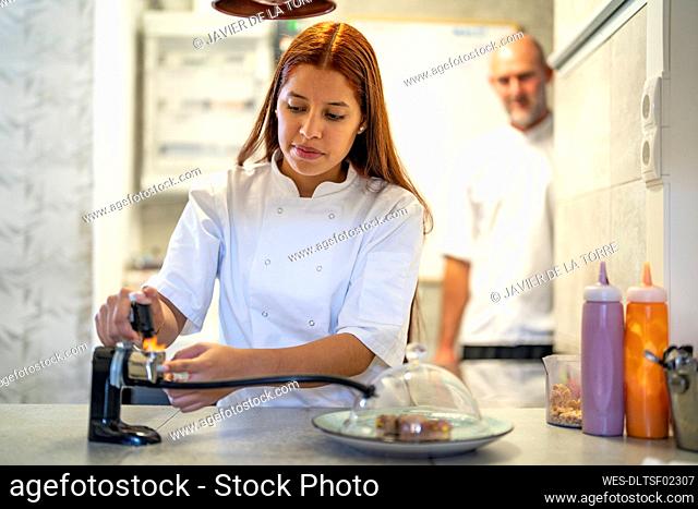 Female chef using smoke infuser while cooking in kitchen
