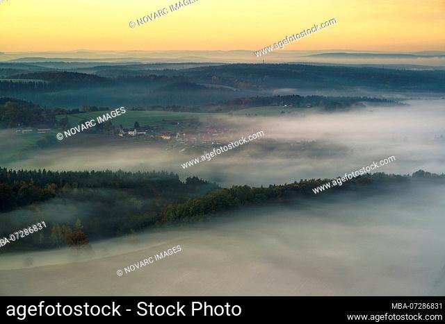 Morning fog over the Saale valley, Leuchtenburg, Seitenroda, Kahla, Thuringia, Germany