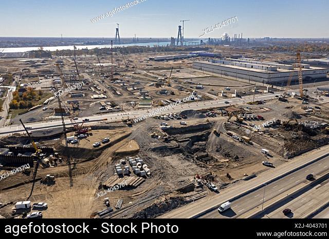 Detroit, Michigan USA - 24 October 2022 - Construction of the freeway interchange and customs/toll plaza for the Gordie Howe International Bridge