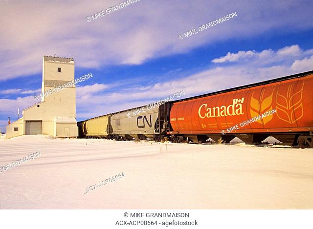 grain elevator and train, Mundare, Alberta, Canada