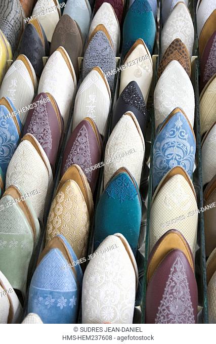 Morocco, Middle Atlas, Fez, Imperial City, Fez El Bali, medina listed as World Heritage by UNESCO, detail of babouches traditionnal shoes on a stand in the souk