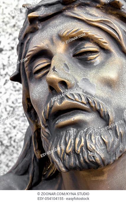 Bronze statue of the face of jesus. Ancient sculpture. Ideal for concepts or events like Easter