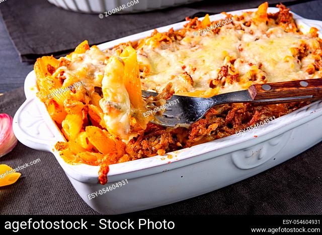 noodle , minced meat casserole with cheese