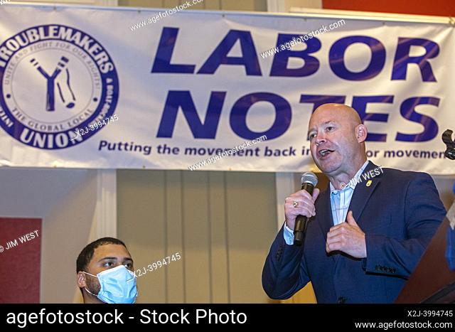 Chicago, Illinois - Sean O'Brien, president of the Teamsters Union, speaks to union activists at the 2022 Labor Notes conference