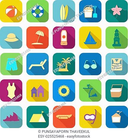 Beach color icons with long shadow on white background