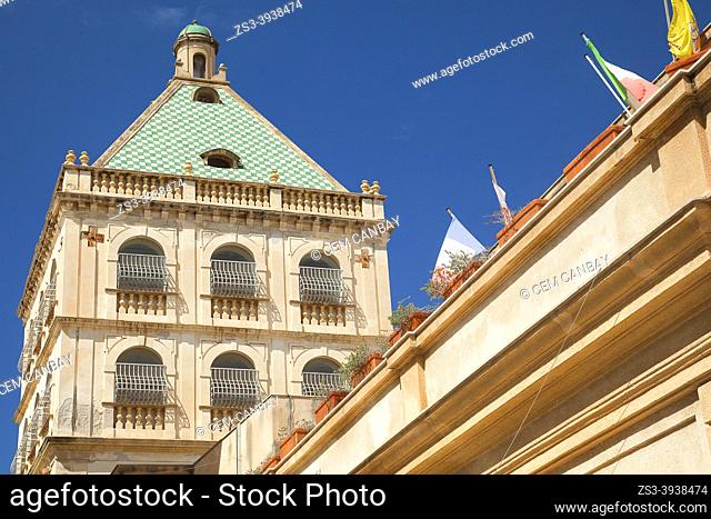 View to the dome of the Biblioteca Comunale-City Library building in town center, Marsala, Sicily, Italy, Europe