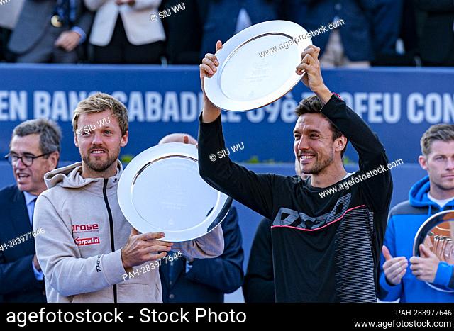 Kevin Krawietz of Germany and Andreas Mies of Germany are pictured with his trophies following the Barcelona Open Banc Sabadell tennis match at the Real Club de...