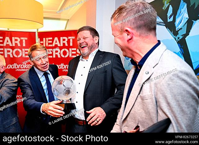 Guy Goethals, Gent's head coach Hein Vanhaezebrouck and Genk's head coach Wouter Vrancken pictured during a ceremony for the 'Raymond Goethals Trophy' and the...