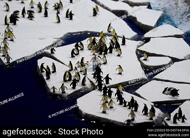 03 May 2023, Hamburg: Penguins stand by an ice vendor on an ice floe in Antarctica in the new Patagonia and Argentina section in Miniatur Wunderland