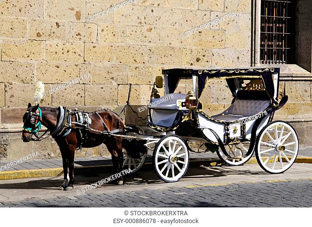 Horse drawn carriage waiting for tourists in historic Guadalajara, Jalisco, Mexico
