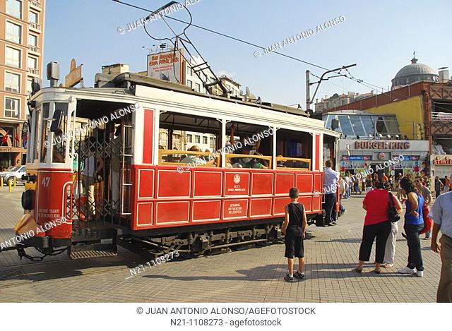 Tramway at Taksim Square, at the end of  Istiklal Caddesi, Istanbul, Turkey