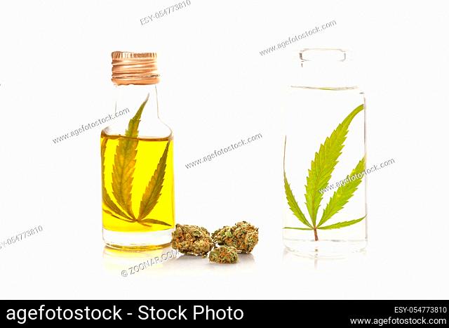 Cannabis oil and alcohol extract in bottles with marijuana buds isolated on white background