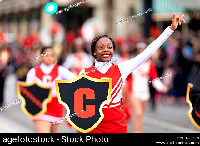 New Orleans, Louisiana, USA - November 30, 2019: Bayou Classic Parade, Members of the Helen Cox High School Marching Band performing at the parade