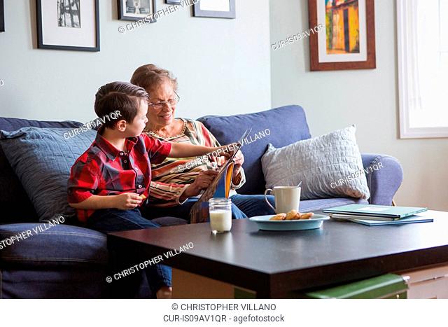 Boy pointing at book whilst reading with grandmother on sofa