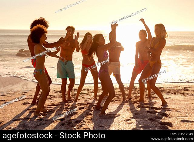 Multi-ethnic group of male and female dancing on the beach