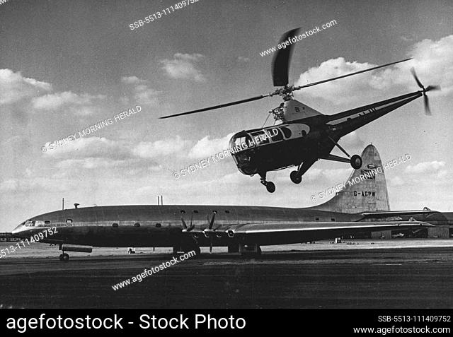 Helicopter Hovers Over Biggest Airliner -- Hovering around just like a bird a helicopter flies over the Bristol Brabazon, biggest air liner in the world