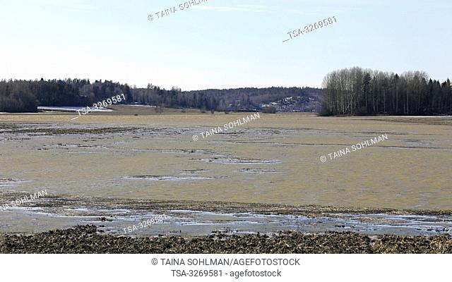 Tuohittu, Salo, Finland. March 24, 2019. Spring flooding of Muurlanjoki river onto fields in Tuohittu, Southwest of Finland
