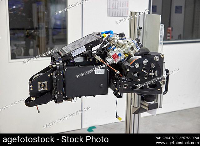 14 April 2023, Hamburg, Wedel: View of a hydraulic rescue winch for military helicopters in a production hall at Vincorion Advanced Systems
