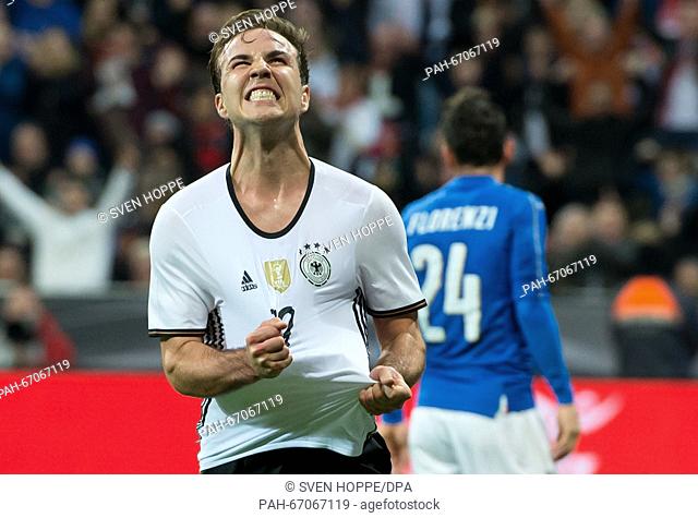 Germany's Mario Goetze celebrates his 2-0 goal during the international soccer match between Germany and Italy in the Allianz Arena in Munich, Germany