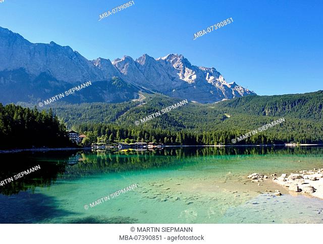 Eibsee with Zugspitze, at Grainau, Wetterstein Mountains, Werdenfelser Land, Upper Bavaria, Bavaria, Germany