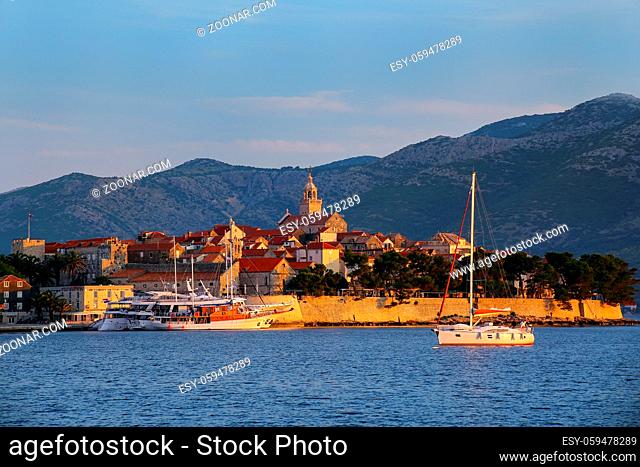 Korcula old town in early morning light, Croatia. Korcula is a historic fortified town on the protected east coast of the island of Korcula