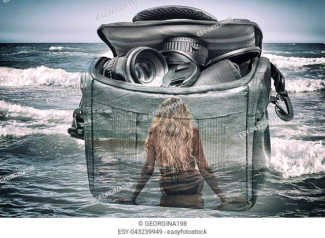 The picture with the double exposure effect, combining the girl, camera in case and seascape