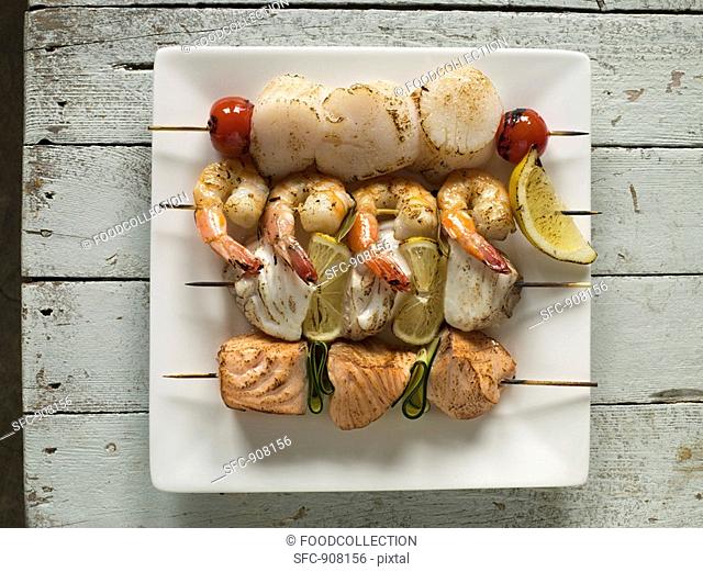 Various Seafood Kabobs, From Above