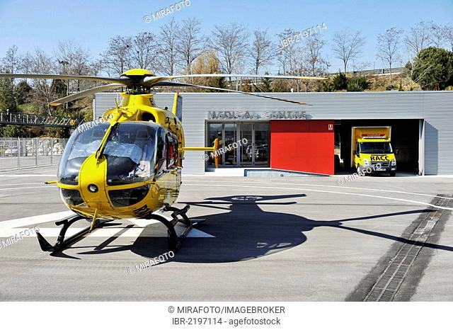 Medical emergency centre with a rescue helicopter and an ambulance at the race track Circuit de Catalunya near Barcelona, Spain, Europe
