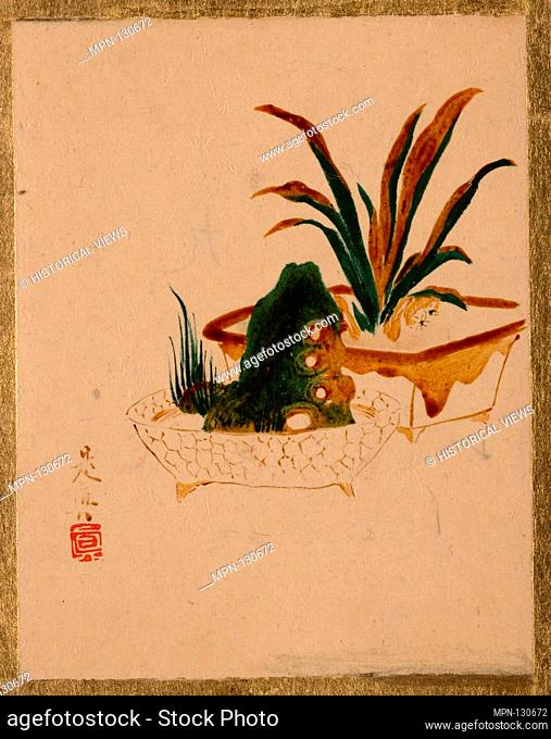 Flowers in Jardenierres. Artist: Shibata Zeshin (Japanese, 1807-1891); Period: Edo period (1615-1868); Culture: Japan; Medium: Album leaf; lacquer on paper;...