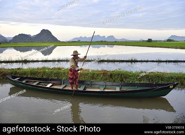 Myanmar, Kayin (Karen) State, Hpa-An, Saddar cave surroundings, Boatman cruising on flooded paddy fields