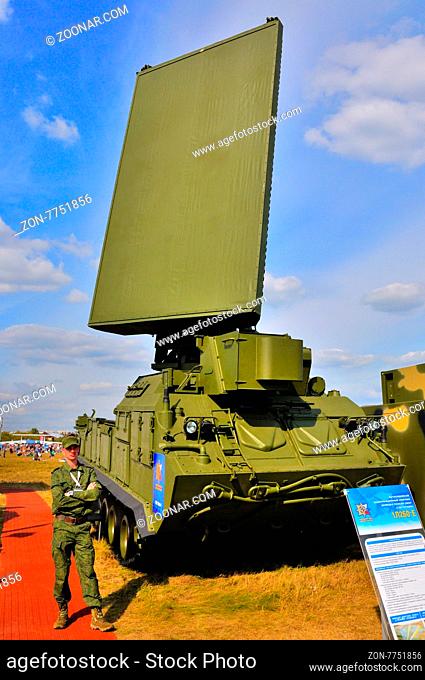 MOSCOW, RUSSIA - AUG 2015: Station target detection anti-aircraft Buk missile system SA-11 Gadfly presented at the 12th MAKS-2015 International Aviation and...