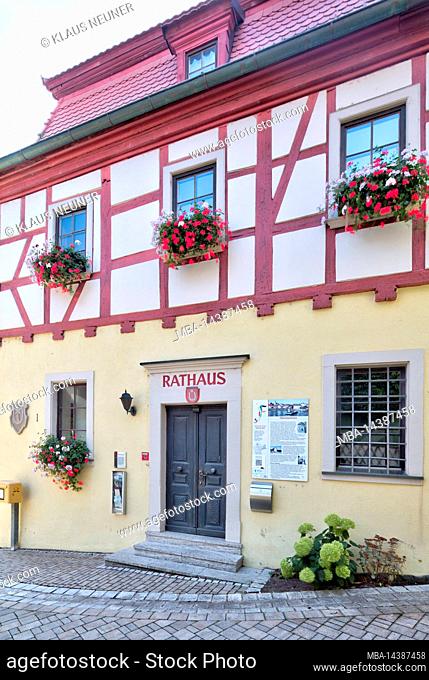 town hall, house front, facade, village view, half-timbered house, architectural monument, Obereisenheim, Franconia, Bavaria, Germany, Europe