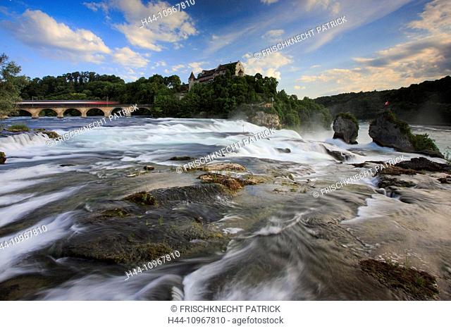 Bridge, rock, cliff, river, flow, body of water, water, Eastern Switzerland, panorama, Rhine, Rhine Falls, Rhine Fall, SBB, Schaffhausen, castle, Laufen castle