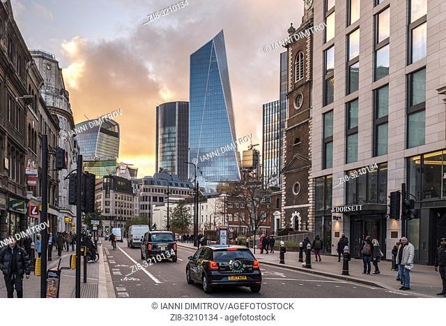 England, London, Aldgate high Street with view of the Financial Centre The city of London