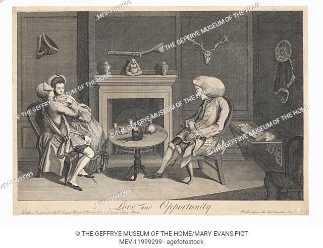 ‘Love and Opportunity’, a domestic interior with two men and a woman at a table, engraving, published by Robert Sayer, September 1768